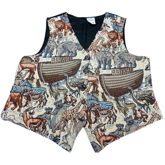 VTG 90s Bobbie Brooks Noah's Ark Animals Buttoned Vest Sz M Tapestry Boho Whimsy - Picture 1 of 7